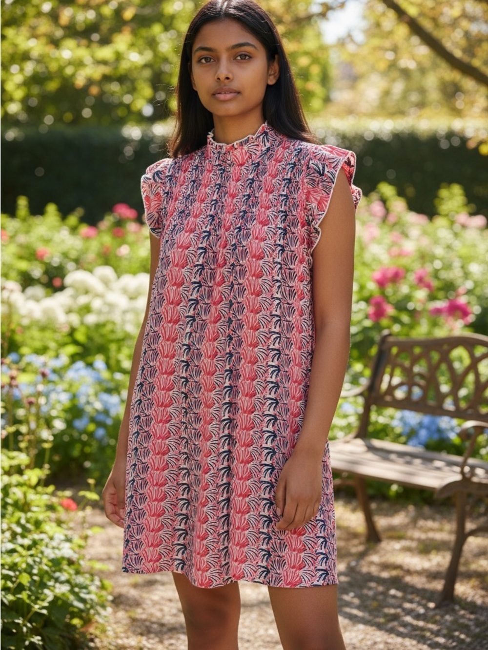 Simply Southern Pink and Navy Floral Shift Dress with Ruffle Neck Size Youth M